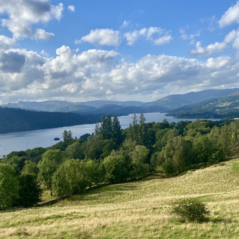 A view from School Knott in Windermere, over Lake Windermere with the mountains visible in the background