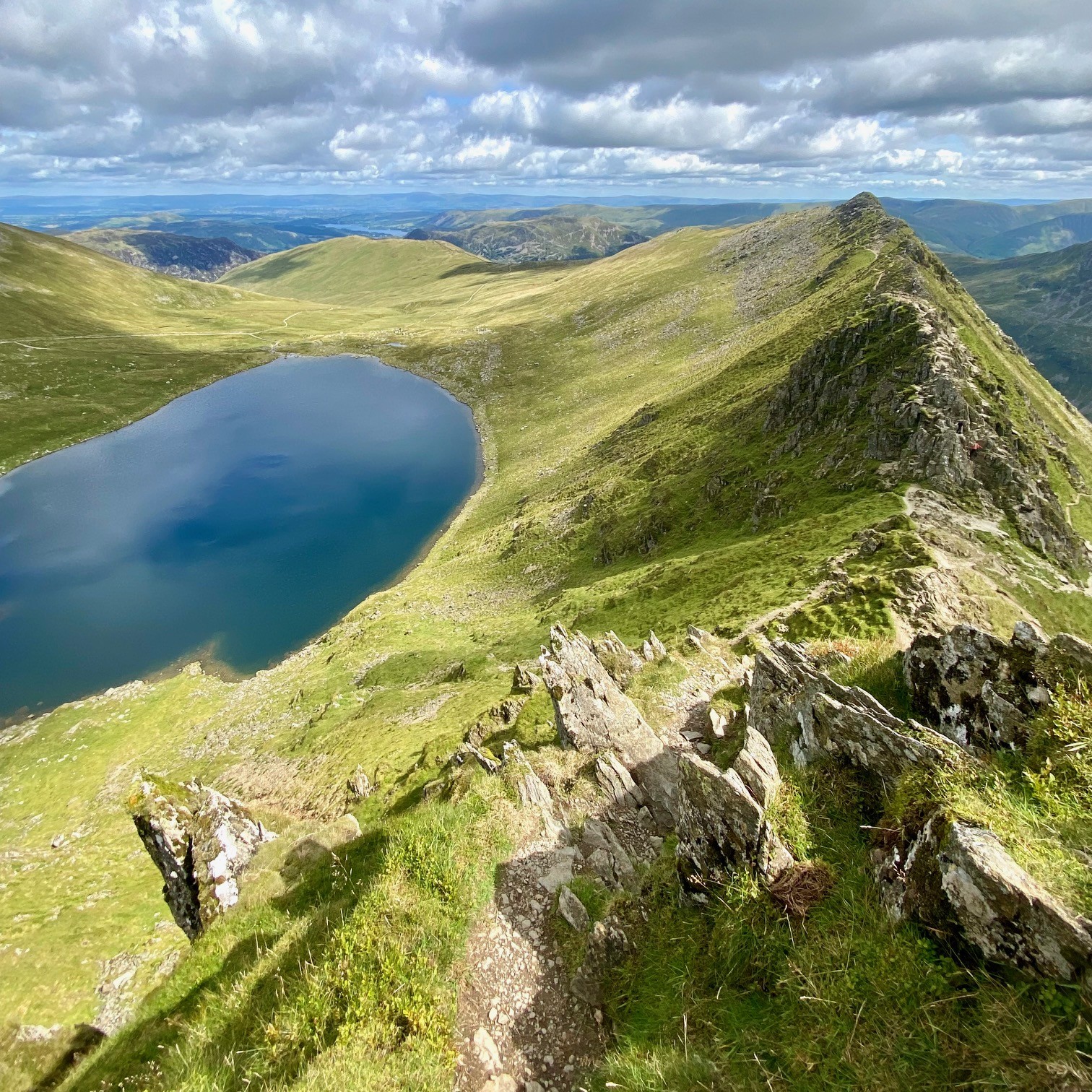 Striding Edge from above with Red Tarn on the left.
