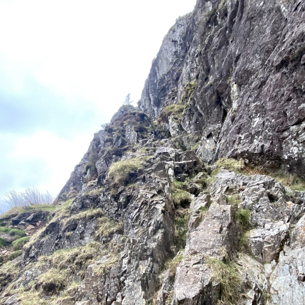 A view of Jack's Rake in Langdale from below