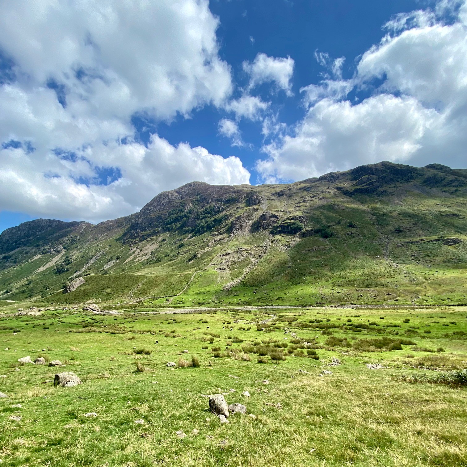 Langstrath Valley on a clear day with blue sky, near Black Moss Pot