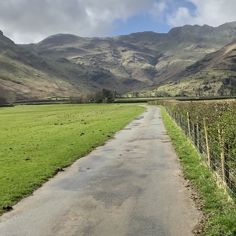 A path with grass either side and mountains in the distance.