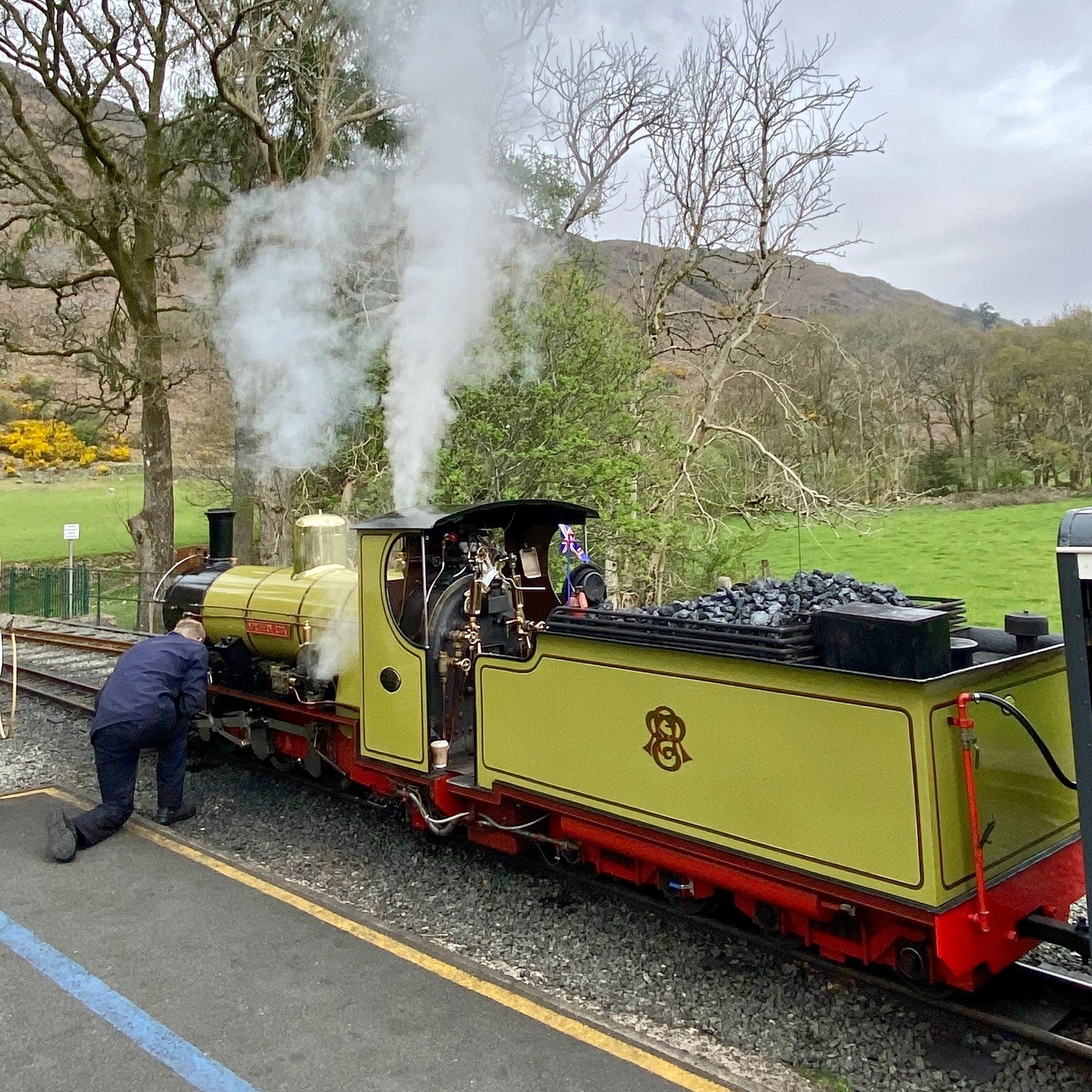 A man working on the steam engine, La'al Ratty.