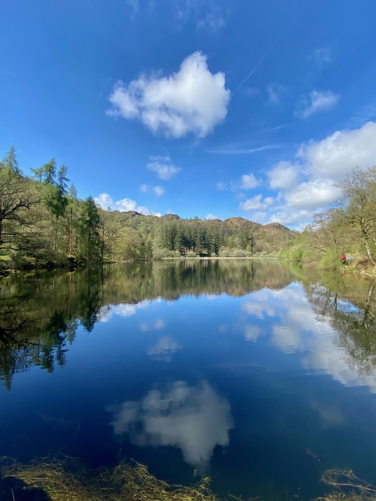 A view of Yew Tree Tarn in the Lake District on a clear day, with the blue sky and clouds reflected in the water