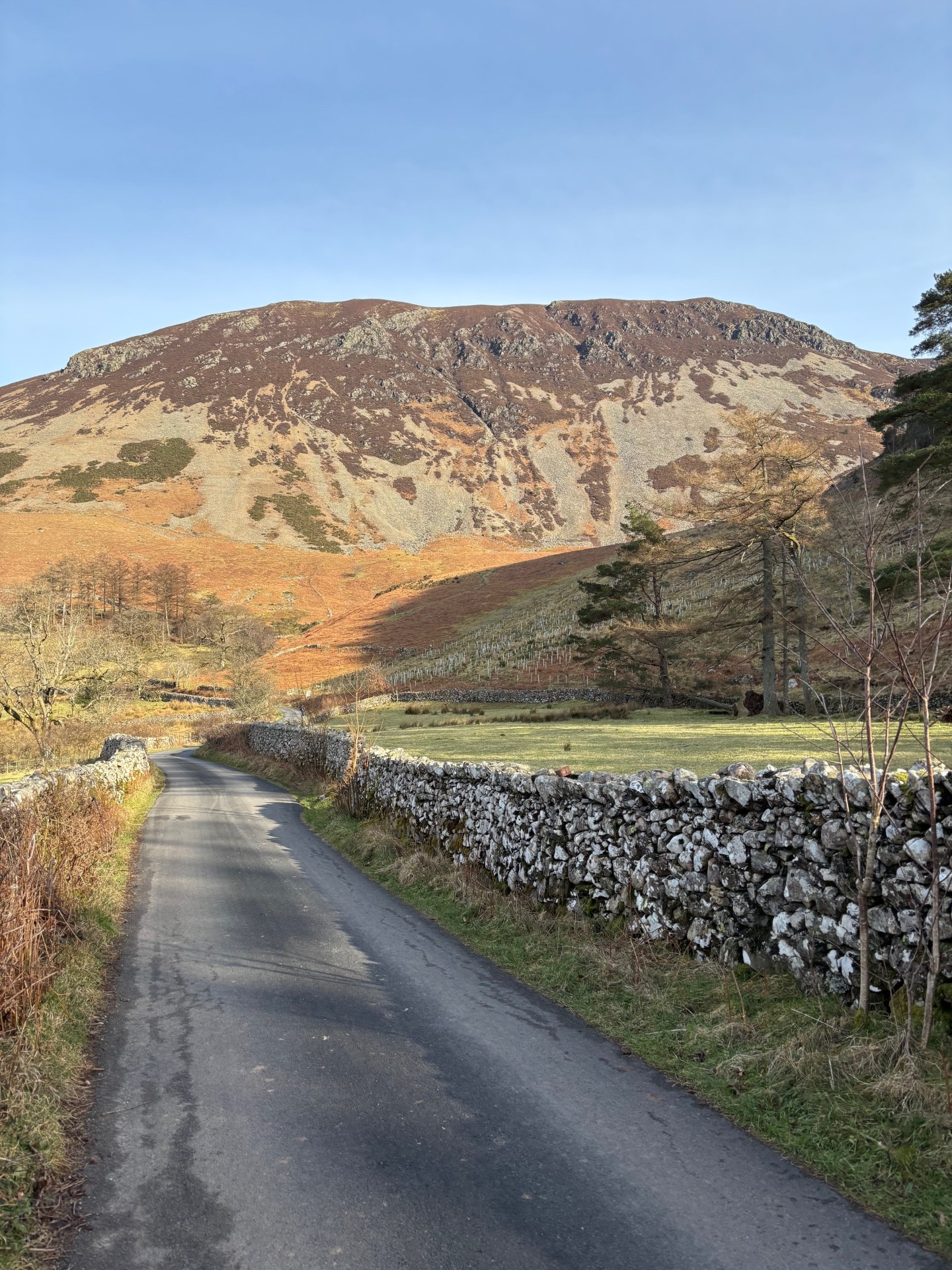 A view of a road lined with Lake District stone walls with a view of the Wainwright Great Borne in the distance.