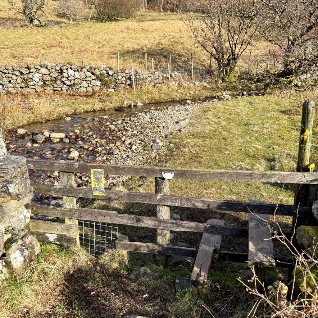 A stile with Rake Beck in front of it surrounded by green grass