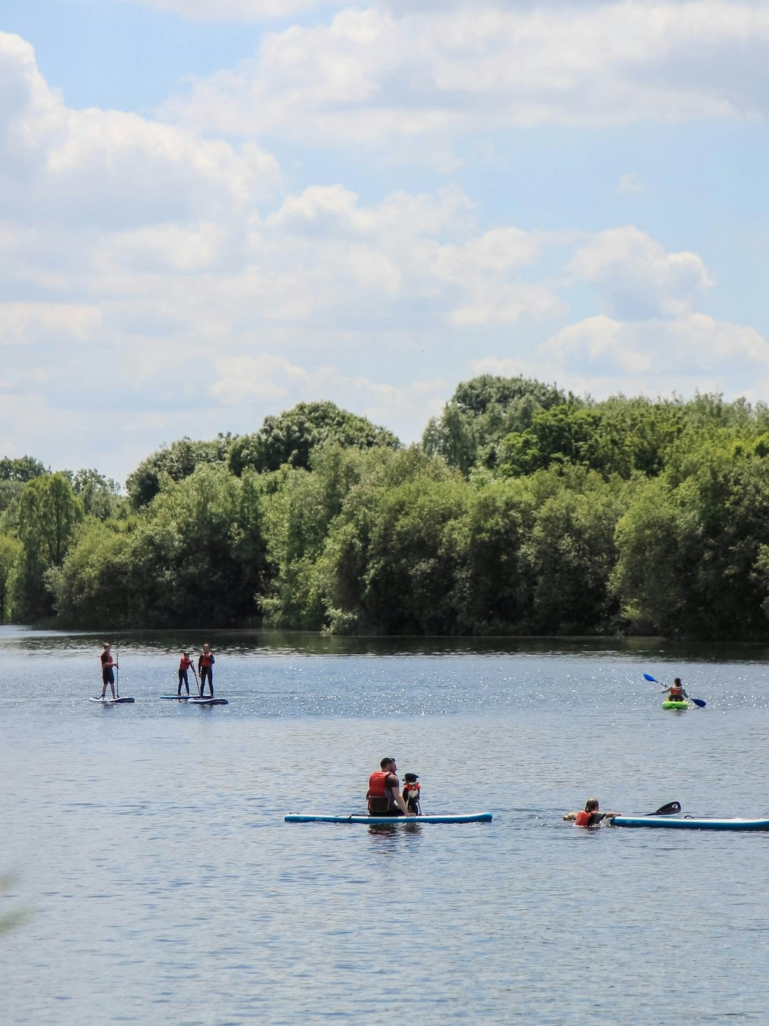 A group of people paddleboarding on a lake