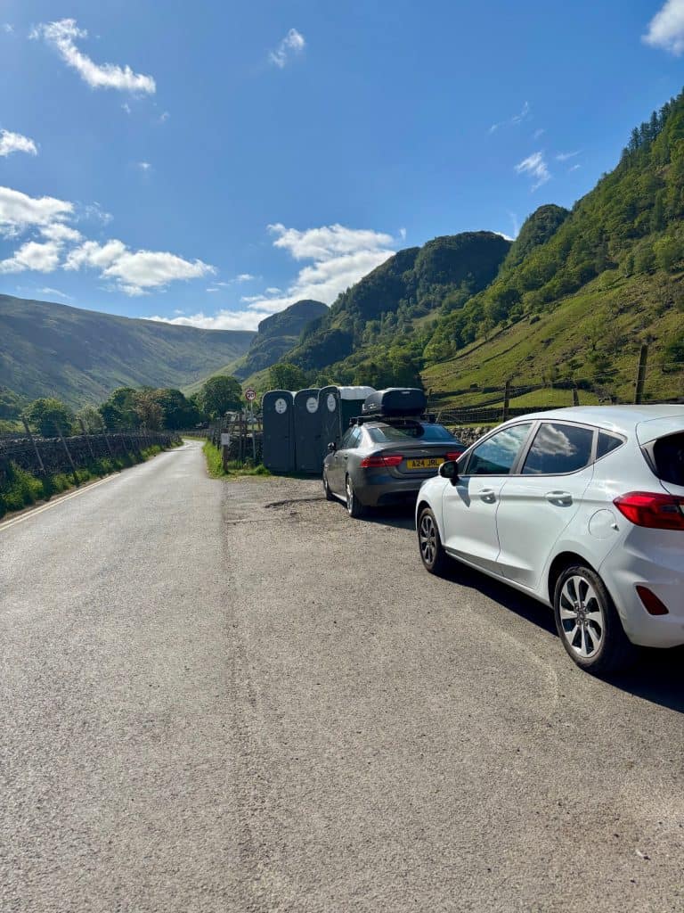 Parking along Chapel Howe Road in Stonethwaite, Borrowdale, Lake District.