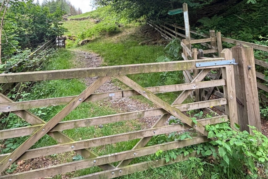 A wooden gate and a footpath that leads up to High Tove, from Thirlmere
