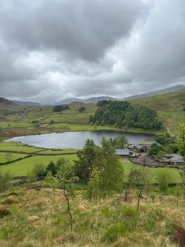 A view of Watlendlath Tarn, Watlendlath, in the Lake District. Lush green rolling hills and trees surround the tarn.